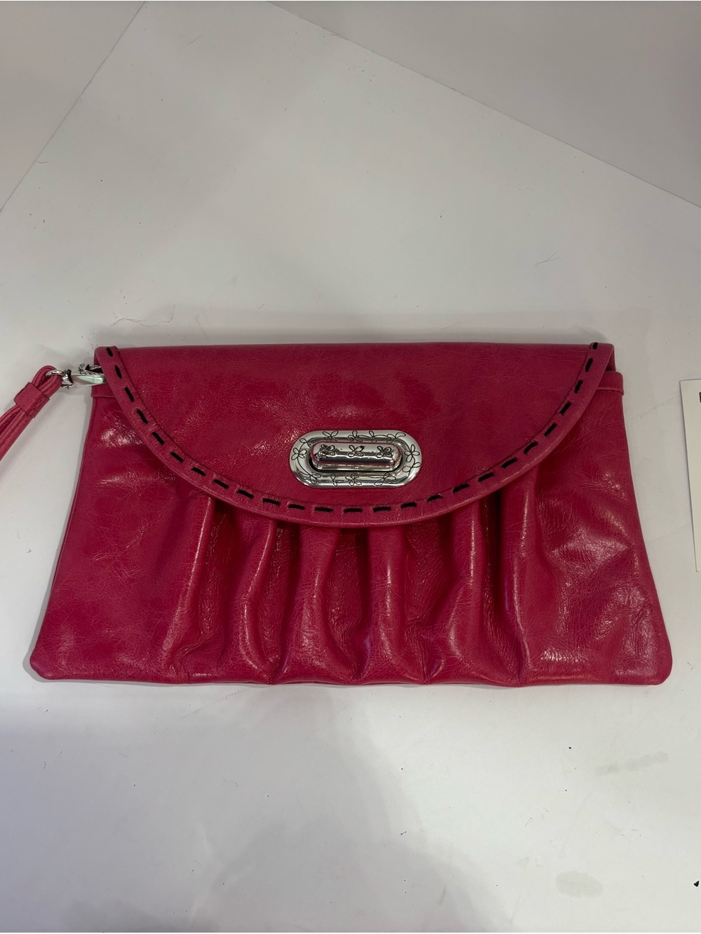 Brighton Diva Daisy Pouch Hot Pink Pleated Wristlet Clutch with Silver Hardware